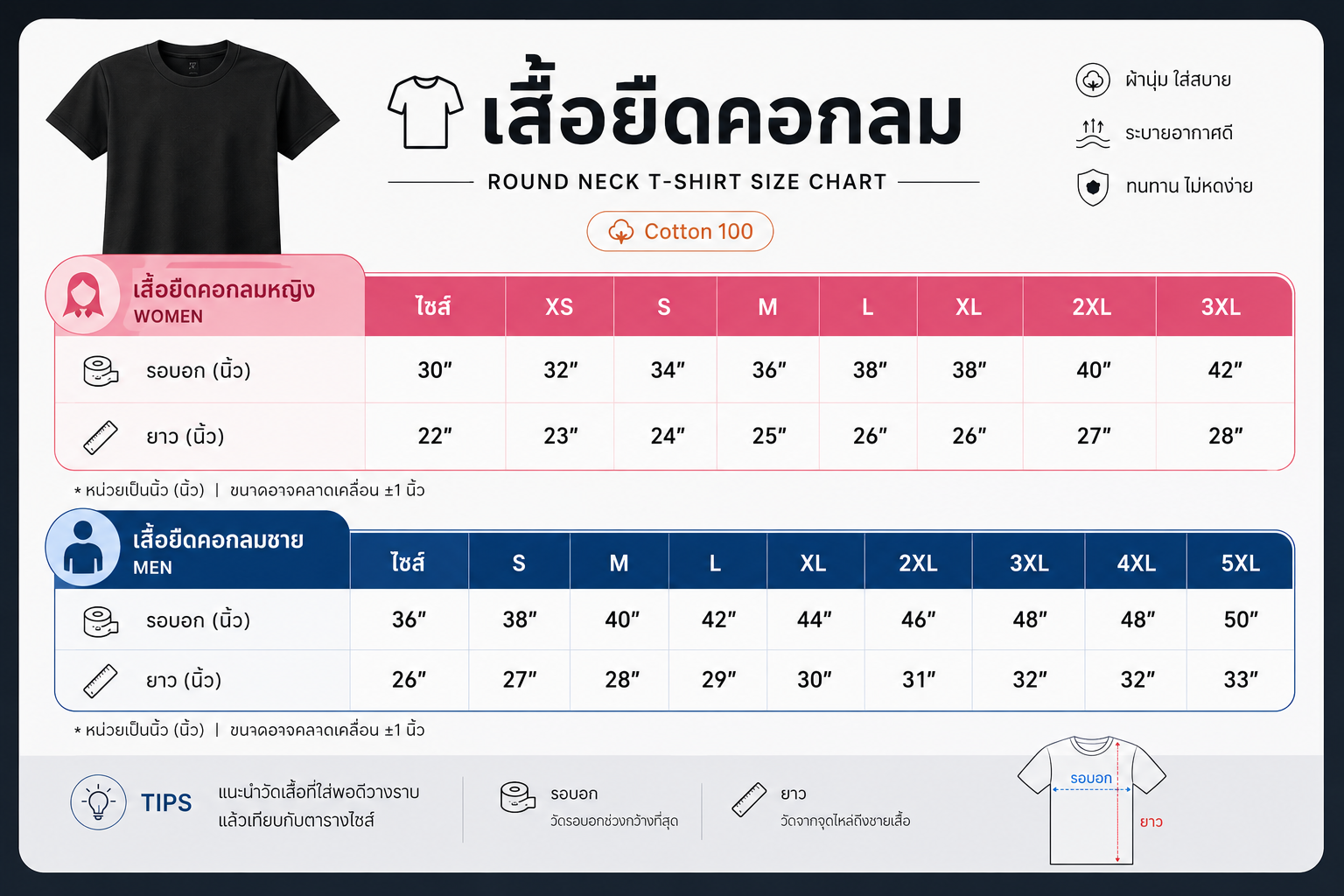 ตารางไซส์เสื้อยืด